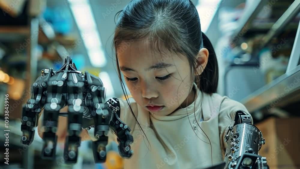 Aufkleber A young girl studies the intricate details of a robotic hand while seated in a workshop filled with mechanical tools and gadgets. Her focused expression shows her fascination with robotics.