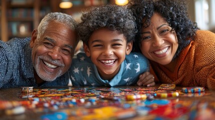 Fototapeta premium Fun Intergenerational Family Game Board Games, Laughter, and Snacks