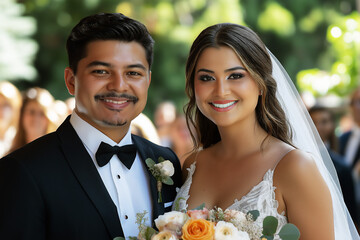 Young and happy Hispanic bride and groom couple celebrating their wedding outdoors with family and friends