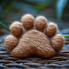 A close-up of a soft, knitted paw print on a textured background.