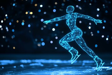 Naklejka premium An ethereal scene of a neon wireframe ice skater skilfully moving across a frozen pond with twinkling lights twinkling in the backdrop, set against a black background.