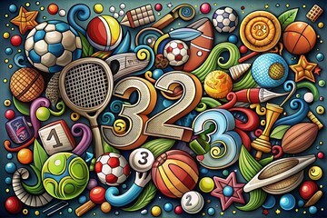 Naklejka premium Colorful Cartoon Numbers Set with Sports Objects for Fun Learning and Educational Activities in an Engaging Coloring Book Design