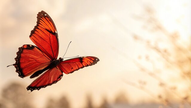 A beautiful red butterfly in flight against a soft and warm white backdrop showcasing its vibrant colors, warm tones, red flying buttefly, floral garden, outdoor images, butterfly on wing