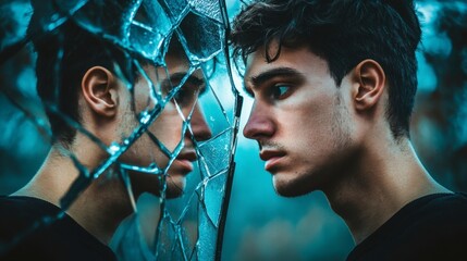 Introspective Moment Reflected in Shattered Glass