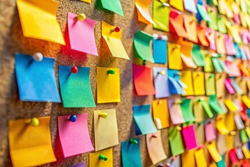 Naklejka premium Colorful Notes Tacked on a Brightly Colored Bulletin Board with Various Patterns and Textures, Showcasing Organization and Creativity in a Functional Workspace