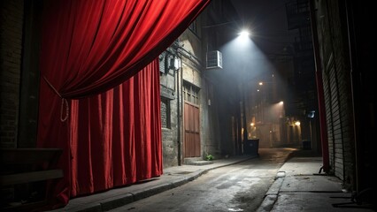 Fototapeta premium A bold red curtain with a focused spotlight casting an eerie glow on a mysterious abandoned alleyway, haunting ambiance, neglect
