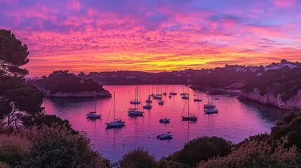 Obraz premium Serene Sunset Over Calm Waters with Sailboats