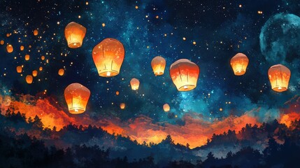 Naklejka premium Floating glowing lanterns illuminate the starry night sky outdoor celebration event photography magical atmosphere aerial perspective dreamlike experience