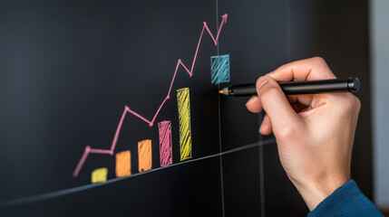 hand sketching upward graph with marker on blackboard
