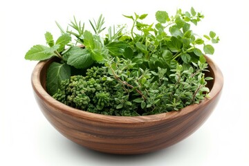 Fototapeta premium Wooden bowl full of fresh culinary herbs, including mint, rosemary, oregano, and thyme, isolated on white background