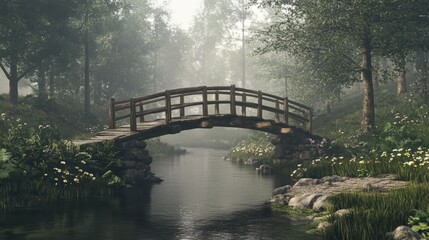 Fototapeta premium Exploring a rustic bridge over a calm forest stream in nature's embrace