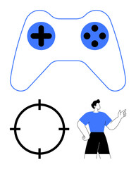 Gaming controller with blue buttons, a black crosshair, and a gamer in blue shirt. Ideal for gaming, esports, game design, streaming, technology digital media player experience. Line metaphor