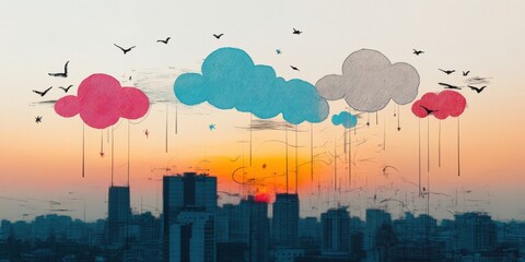 A Vibrant City Sunset Displaying Whimsical Clouds with Flying Birds in the Evening Sky