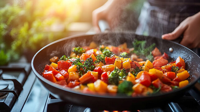 close-up of hands skillfully cooking a colorful vegetable medley, emphasizing the vibrant ingredients and the art of healthy cooking in a modern kitchen setting