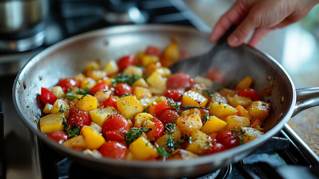 close-up of hands skillfully cooking a colorful vegetable medley, emphasizing the vibrant ingredients and the art of healthy cooking in a modern kitchen setting