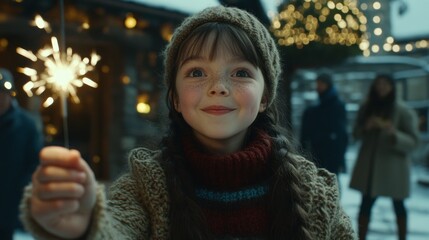 Joyful Child Holding Sparkler in Winter Wonderland