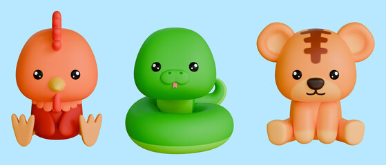 Cute 3D Rendered Chinese Zodiac Animals in a Sitting Position on an Isolated Background