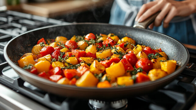 close-up of hands skillfully cooking a colorful vegetable medley, emphasizing the vibrant ingredients and the art of healthy cooking in a modern kitchen setting