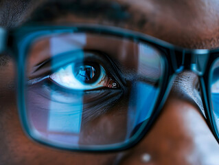 Close up view of focused business person wears computer glasses, looking at pc screen with computer reflection using internet, reading, watching, working online late.