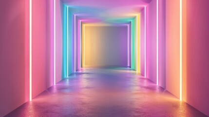 Explore the vibrant glow of multicolored neon lamps illuminating a dark tunnel with stunning reflections on the walls.
