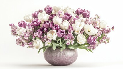 Naklejka premium Arranging a bouquet of fresh tulips in a stylish vase on a white background for a vibrant home decor