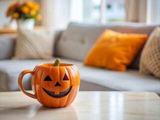 Cozy Autumn Vibes: Orange Mug with Jack O' Lantern Face on White Table Against Blurred Sofa Background for Seasonal Decor and Halloween Inspiration