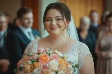 Portrait of beautiful Caucasian plus size bride with groom and family in background, copy space