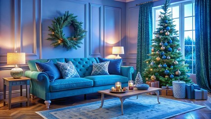 Cozy Blue Living Room with a Stylish Sofa and Festive Christmas Tree Decorated for the Holidays, Perfect for Seasonal Celebrations and Home Inspiration