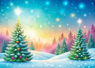 Fototapeta premium Cozy Christmas Winter Background with Snowy Landscape, Pine Trees, and Festive Elements Perfect for Holiday Greetings and Celebrations in a Minimalist Style