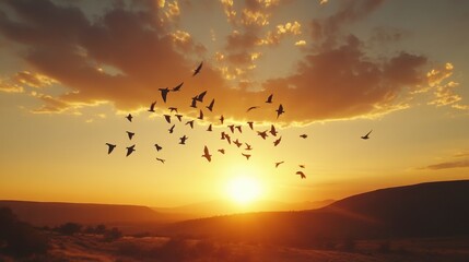 Serene Sunset with Birds in Flight Over Horizon