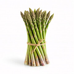 A bundle of fresh asparagus spears tied with twine, isolated on a white background