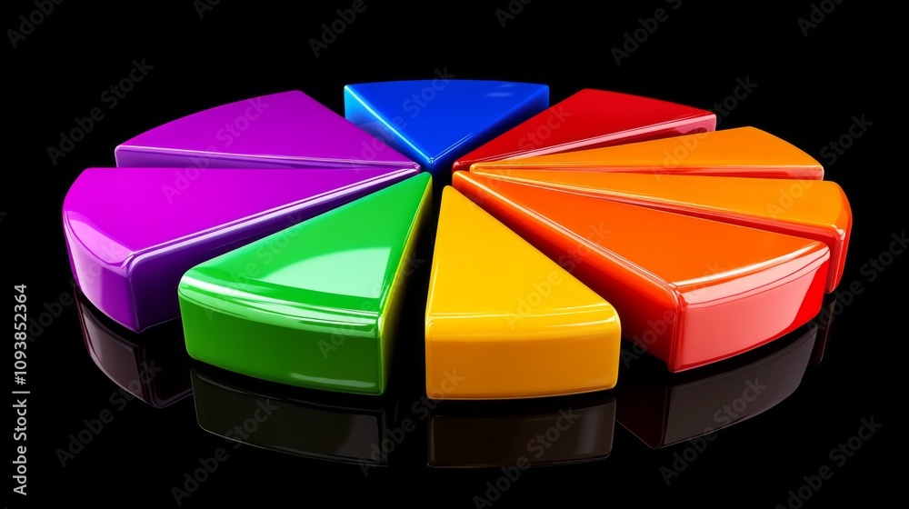 Fototapete Colorful Pie Chart Segments Displayed on a Black Background, Representing Diversity in Statistics, Data Visualization, and Creative Design Concepts