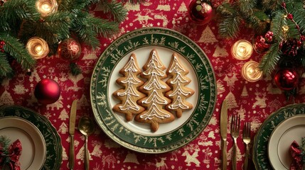 Festive Display of Gingerbread Christmas Trees on Elegant Plate Surrounded by Decorative Holiday Ornaments and Greenery on a Table Setting