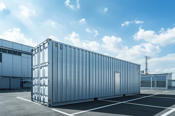 Large metal shipping container resting in an industrial parking lot, symbolizing global trade and logistics