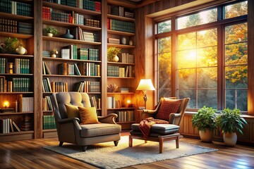 Obraz premium Cozy Living Room with Wooden Bookcase and Armchair Bathed in Natural Light Featuring a Beautiful Bokeh Effect for a Warm and Inviting Atmosphere