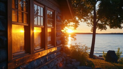 Fototapeta premium Sunset View from Cabin by the Lake
