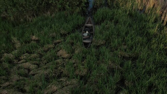 Old antic vintage wooden boat abandoned among tall reed grass outside Ukraine 4k aerial top view. wild green vegetation plants near river. Old shallop wherry transport boat left in summer day sunset