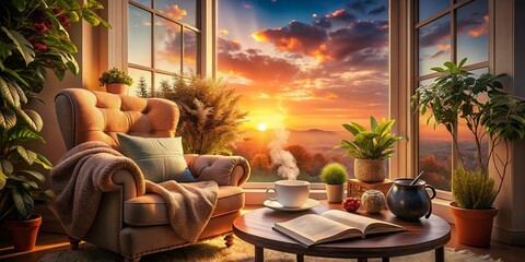Cozy Reading Nook by the Window at Sunset with a Warm Cup of Coffee and Comforting Decor in a Relaxing Atmosphere for Tranquil Moments of Leisure and Reflection