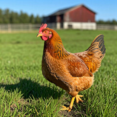 A curious chicken pecking at the grass in a lush green field with a farmhouse in the distance