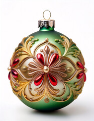 A festive Christmas ornament adorned with intricate gold and red patterns