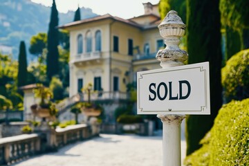  Luxury villa estate with sold sign in tranquil setting highlighting successful real estate transaction