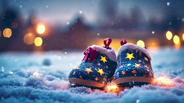 Festive child&rsquo;s shoes in snow with stars and warm bokeh lights for happy st. nicholas day ai