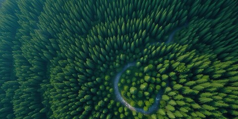 Aerial view of a dense forest with towering trees and winding streams, nature scenery, forest