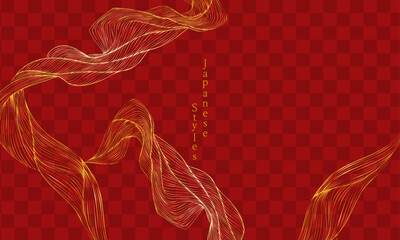 和風デザイン　赤い市松の背景　流水　線画　シンプル