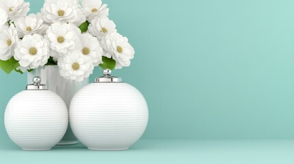  Elegant white flowers and decorative jars against pastel mint background for home decor and interior design concepts