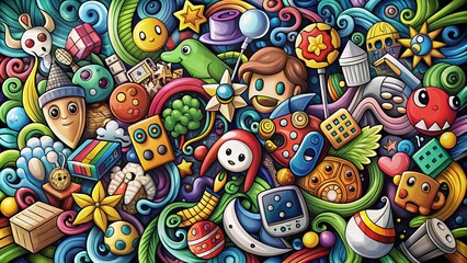 Creative Candid Photography of a Playful Set of Video Game Doodles Featuring Characters, Icons, and Elements in a Fun, Colorful Style for Gaming Enthusiasts and Designers