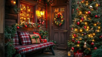Fototapeta premium Cozy Rustic Cabin Decorated for Christmas with Tree, Wreath, Lights, and Presents, Creating a Warm Holiday Atmosphere in Nature