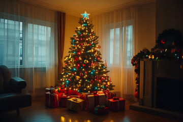 Festive christmas tree with colorful lights and presents cozy living room holiday decor indoor warm atmosphere joyful spirit