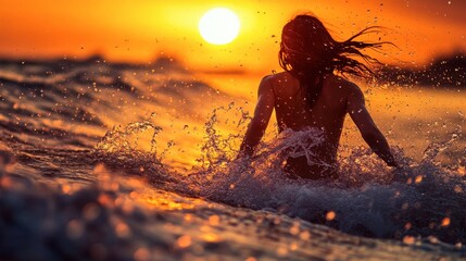 Woman Sitting in Ocean at Sunset with Splashes of Water