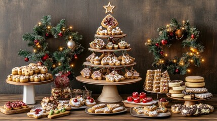 Festive Christmas Desserts Displayed on a Wooden Table with Decorative Wreaths and Holiday Ornaments for a Cheerful Celebration and Gathering